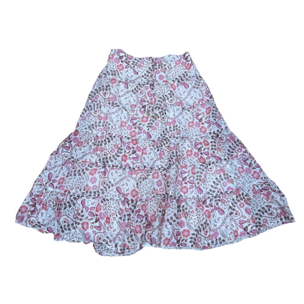 Talulah Blair Pink Floral Paisley Tiered Cotton Maxi Skirt Boho Beaded Medium M
